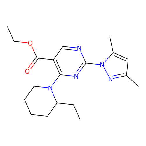ethyl 2-(3,5-dimethyl-1H-pyrazol-1-yl)-4-(2-ethylpiperidin-1-yl)pyrimidine-5-carboxylate structure