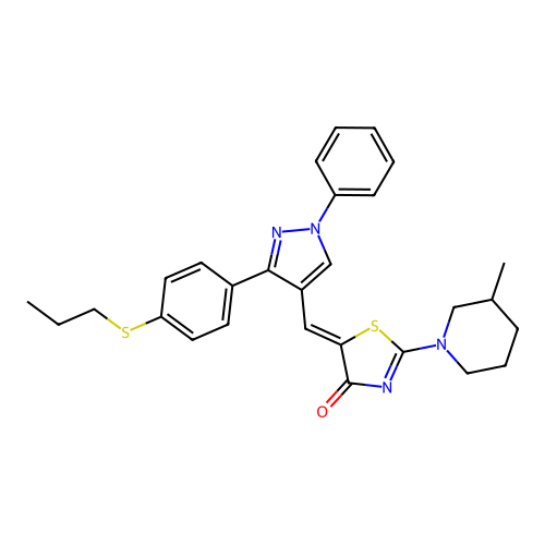 (5Z)-2-(3-methylpiperidin-1-yl)-5-({1-phenyl-3-[4-(propylsulfanyl)phenyl]-1H-pyrazol-4-yl}methylidene)-1,3-thiazol-4(5H)-one structure