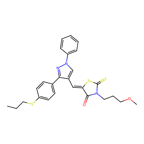 (5Z)-3-(3-methoxypropyl)-5-({1-phenyl-3-[4-(propylsulfanyl)phenyl]-1H-pyrazol-4-yl}methylidene)-2-thioxo-1,3-thiazolidin-4-one structure