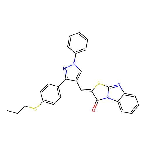 (2Z)-2-({1-phenyl-3-[4-(propylsulfanyl)phenyl]-1H-pyrazol-4-yl}methylidene)[1,3]thiazolo[3,2-a]benzimidazol-3(2H)-one structure