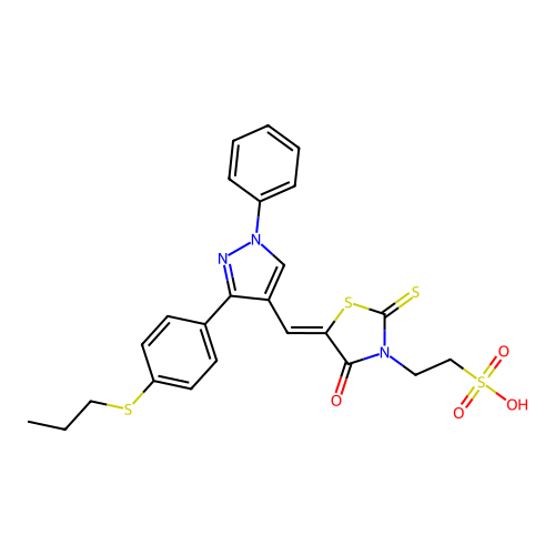 2-[(5Z)-4-oxo-5-({1-phenyl-3-[4-(propylsulfanyl)phenyl]-1H-pyrazol-4-yl}methylidene)-2-thioxo-1,3-thiazolidin-3-yl]ethanesulfonic acid structure