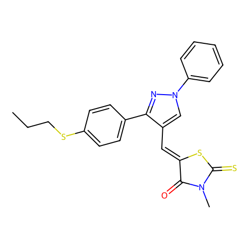 (5Z)-3-methyl-5-({1-phenyl-3-[4-(propylsulfanyl)phenyl]-1H-pyrazol-4-yl}methylidene)-2-thioxo-1,3-thiazolidin-4-one structure