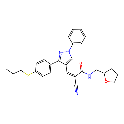 (2Z)-2-cyano-3-{1-phenyl-3-[4-(propylsulfanyl)phenyl]-1H-pyrazol-4-yl}-N-(tetrahydrofuran-2-ylmethyl)prop-2-enamide structure