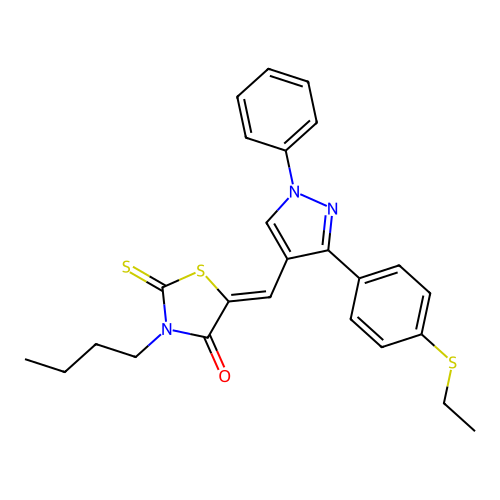(5Z)-3-butyl-5-({3-[4-(ethylsulfanyl)phenyl]-1-phenyl-1H-pyrazol-4-yl}methylidene)-2-thioxo-1,3-thiazolidin-4-one structure
