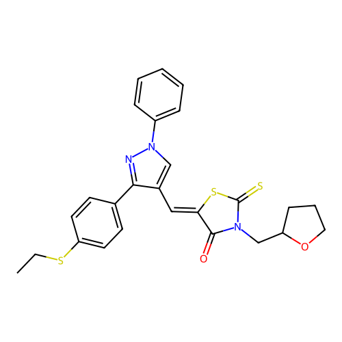 (5Z)-5-({3-[4-(ethylsulfanyl)phenyl]-1-phenyl-1H-pyrazol-4-yl}methylidene)-3-(tetrahydrofuran-2-ylmethyl)-2-thioxo-1,3-thiazolidin-4-one structure