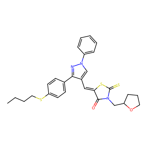 (5Z)-5-({3-[4-(butylsulfanyl)phenyl]-1-phenyl-1H-pyrazol-4-yl}methylidene)-3-(tetrahydrofuran-2-ylmethyl)-2-thioxo-1,3-thiazolidin-4-one structure