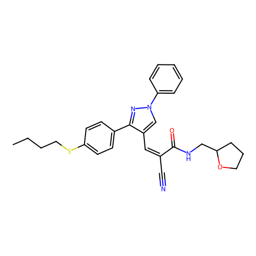 (Z)-3-(3-(4-(butylthio)phenyl)-1-phenyl-1H-pyrazol-4-yl)-2-cyano-N-((tetrahydrofuran-2-yl)methyl)acrylamide structure