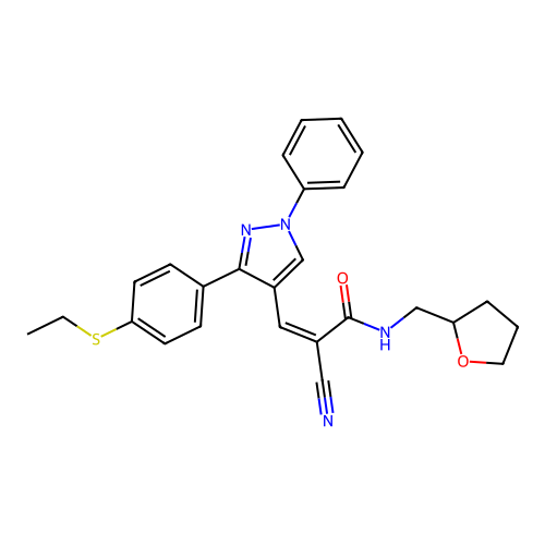 (2Z)-2-cyano-3-{3-[4-(ethylsulfanyl)phenyl]-1-phenyl-1H-pyrazol-4-yl}-N-(tetrahydrofuran-2-ylmethyl)prop-2-enamide structure