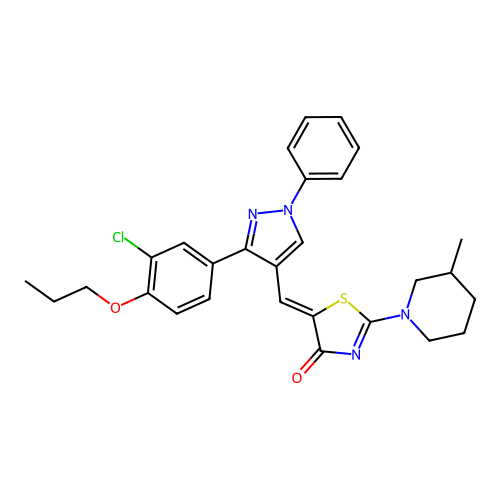 (5Z)-5-{[3-(3-chloro-4-propoxyphenyl)-1-phenyl-1H-pyrazol-4-yl]methylidene}-2-(3-methylpiperidin-1-yl)-1,3-thiazol-4(5H)-one structure