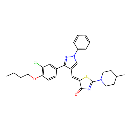 (5Z)-5-{[3-(4-butoxy-3-chlorophenyl)-1-phenyl-1H-pyrazol-4-yl]methylidene}-2-(4-methylpiperidin-1-yl)-1,3-thiazol-4(5H)-one structure