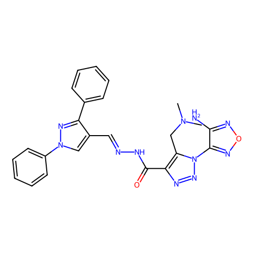 1-(4-amino-1,2,5-oxadiazol-3-yl)-5-[(dimethylamino)methyl]-N'-[(E)-(1,3-diphenyl-1H-pyrazol-4-yl)methylidene]-1H-1,2,3-triazole-4-carbohydrazide structure