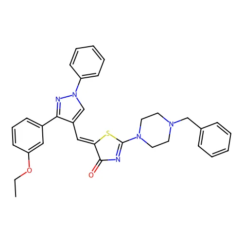 (5Z)-2-(4-苄基哌嗪-1-基)-5-[[3-(3-乙氧基苯基)-1-苯基吡唑-4-基]亚甲基]-1,3-噻唑-4-酮 structure