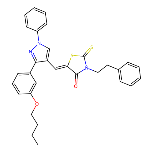 (5Z)-5-{[3-(3-butoxyphenyl)-1-phenyl-1H-pyrazol-4-yl]methylidene}-3-(2-phenylethyl)-2-thioxo-1,3-thiazolidin-4-one structure