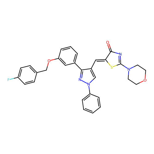 (5Z)-5-[(3-{3-[(4-fluorobenzyl)oxy]phenyl}-1-phenyl-1H-pyrazol-4-yl)methylidene]-2-(morpholin-4-yl)-1,3-thiazol-4(5H)-one structure