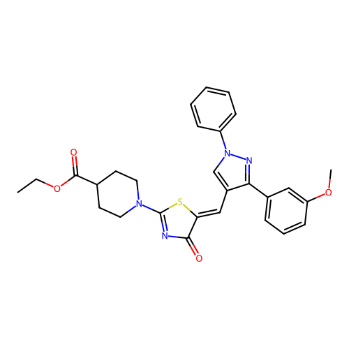 ethyl 1-[(5Z)-5-{[3-(3-methoxyphenyl)-1-phenyl-1H-pyrazol-4-yl]methylidene}-4-oxo-4,5-dihydro-1,3-thiazol-2-yl]piperidine-4-carboxylate structure
