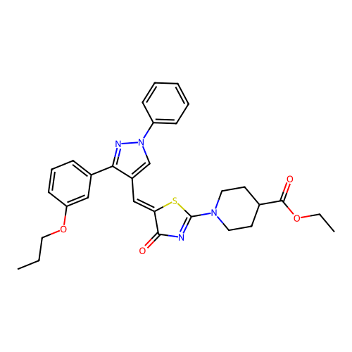 ethyl 1-[(5Z)-4-oxo-5-{[1-phenyl-3-(3-propoxyphenyl)-1H-pyrazol-4-yl]methylidene}-4,5-dihydro-1,3-thiazol-2-yl]piperidine-4-carboxylate structure