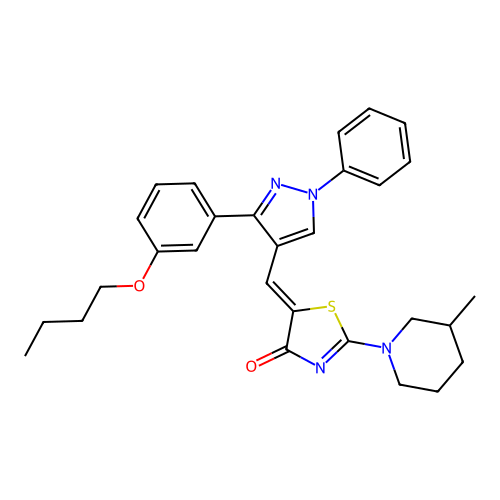 (5Z)-5-{[3-(3-butoxyphenyl)-1-phenyl-1H-pyrazol-4-yl]methylidene}-2-(3-methylpiperidin-1-yl)-1,3-thiazol-4(5H)-one structure