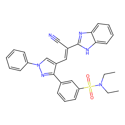 3-{4-[(E)-2-(1H-benzimidazol-2-yl)-2-cyanoethenyl]-1-phenyl-1H-pyrazol-3-yl}-N,N-diethylbenzenesulfonamide structure