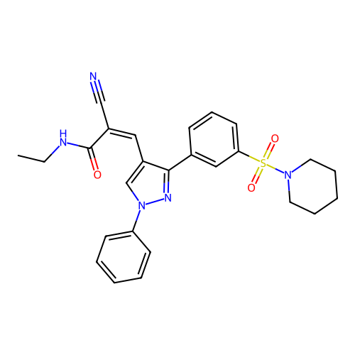 (Z)-2-cyano-N-ethyl-3-(1-phenyl-3-(3-(piperidin-1-ylsulfonyl)phenyl)-1H-pyrazol-4-yl)acrylamide structure