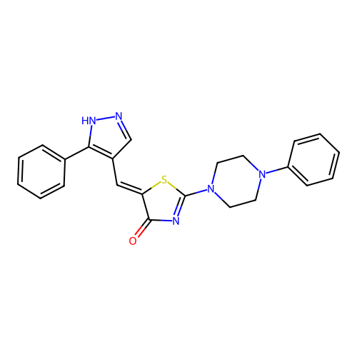 (Z)-5-((3-phenyl-1H-pyrazol-4-yl)methylene)-2-(4-phenylpiperazin-1-yl)thiazol-4(5H)-one structure