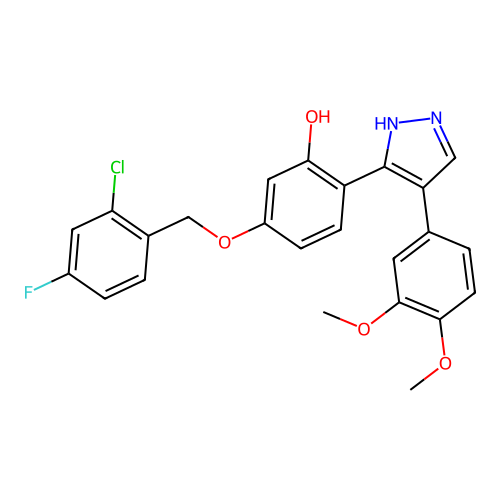 2-[4-(3,4-dimethoxyphenyl)pyrazol-3-yl]-5-[(2-chloro-4-fluorophenyl)methoxy]ph enol structure