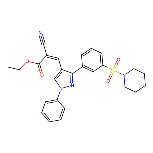 (Z)-ethyl 2-cyano-3-(1-phenyl-3-(3-(piperidin-1-ylsulfonyl)phenyl)-1H-pyrazol-4-yl)acrylate structure