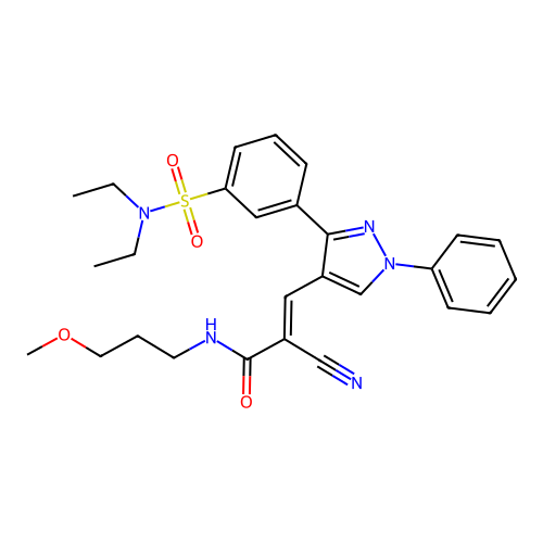 (2E)-2-cyano-3-{3-[3-(diethylsulfamoyl)phenyl]-1-phenyl-1H-pyrazol-4-yl}-N-(3-methoxypropyl)prop-2-enamide structure