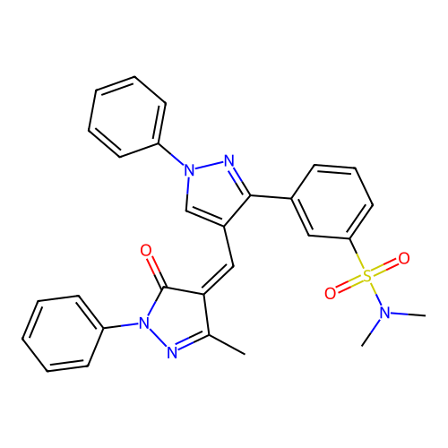 (Z)-N,N-dimethyl-3-(4-((3-methyl-5-oxo-1-phenyl-1H-pyrazol-4(5H)-ylidene)methyl)-1-phenyl-1H-pyrazol-3-yl)benzenesulfonamide structure