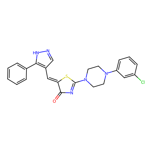 (5Z)-2-[4-(3-chlorophenyl)piperazin-1-yl]-5-[(5-phenyl-1H-pyrazol-4-yl)methylidene]-1,3-thiazol-4(5H)-one structure