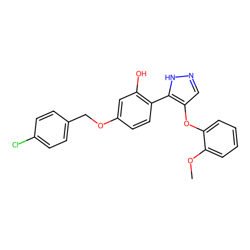 5-((4-chlorobenzyl)oxy)-2-(4-(2-methoxyphenoxy)-1H-pyrazol-3-yl)phenol structure
