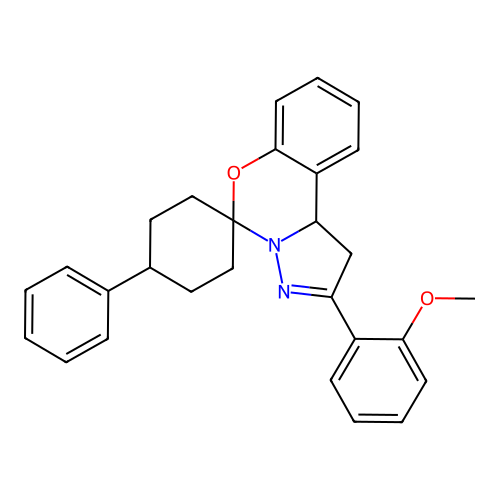 2'-(2-methoxyphenyl)-4-phenyl-1',10b'-dihydrospiro[cyclohexane-1,5'-pyrazolo[1,5-c][1,3]benzoxazine] structure