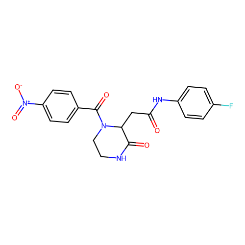 N-(4-fluorophenyl)-2-(1-(4-nitrobenzoyl)-3-oxopiperazin-2-yl)acetamide structure