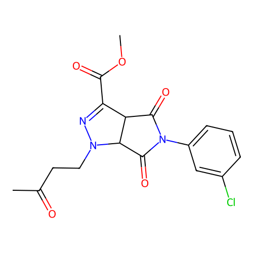 methyl 5-(3-chlorophenyl)-4,6-dioxo-1-(3-oxobutyl)-1,3a,4,5,6,6a-hexahydropyrrolo[3,4-c]pyrazole-3-carboxylate structure