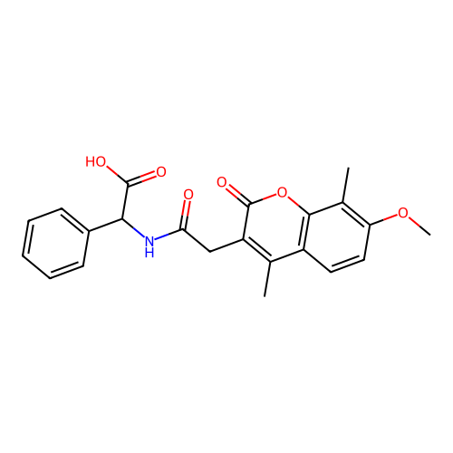 2-(2-(7-methoxy-4,8-dimethyl-2-oxo-2H-chromen-3-yl)acetamido)-2-phenylacetic acid structure