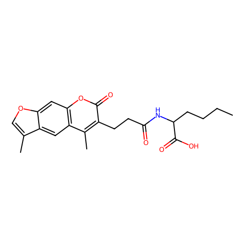 2-(3-(3,5-dimethyl-7-oxo-7H-furo[3,2-g]chromen-6-yl)propanamido)hexanoic acid structure