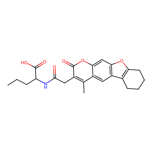 2-(2-(4-methyl-2-oxo-6,7,8,9-tetrahydro-2H-benzofuro[3,2-g]chromen-3-yl)acetamido)pentanoic acid structure