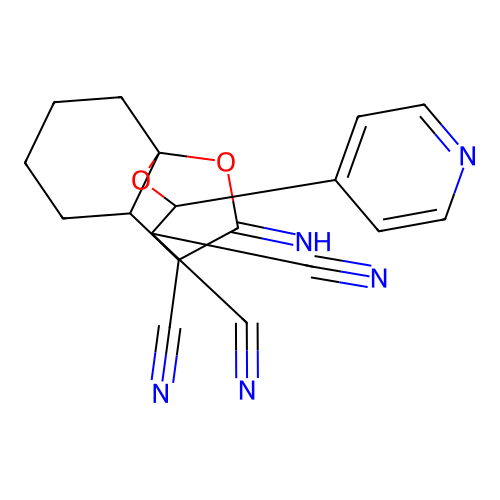 10-imino-2-(pyridin-4-yl)hexahydro-8a,4-(epoxymethano)chromene-3,3,4(2H)-tricarbonitrile structure