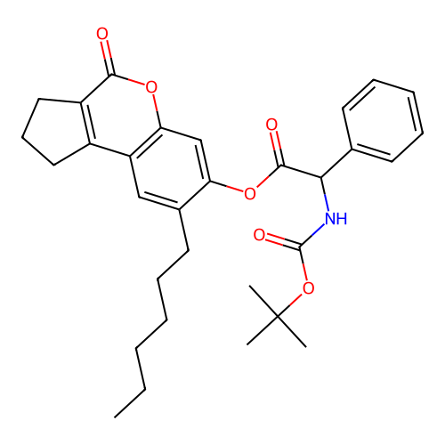 8-hexyl-4-oxo-1,2,3,4-tetrahydrocyclopenta[c]chromen-7-yl 2-((tert-butoxycarbonyl)amino)-2-phenylacetate structure