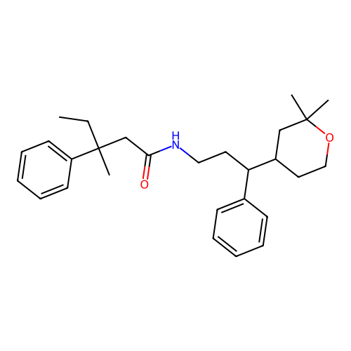 N-[3-(2,2-dimethyloxan-4-yl)-3-phenylpropyl]-3-methyl-3-phenylpentanamide structure