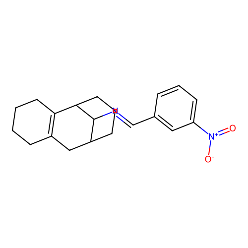 (E)-N-(3-nitrobenzylidene)-1,2,3,4,5,6,7,8,9,10-decahydro-5,9-methanobenzo[8]annulen-11-amine structure
