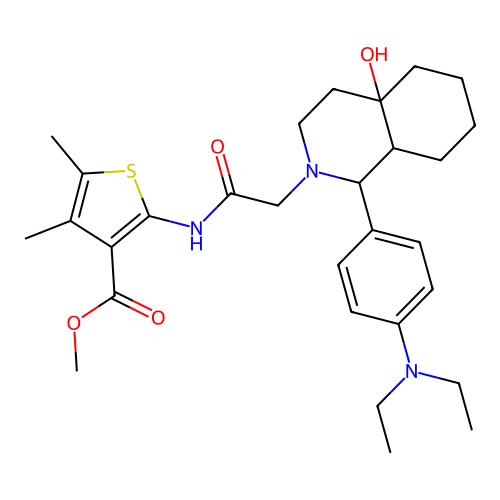 methyl 2-(2-(1-(4-(diethylamino)phenyl)-4a-hydroxyoctahydroisoquinolin-2(1H)-yl)acetamido)-4,5-dimethylthiophene-3-carboxylate structure