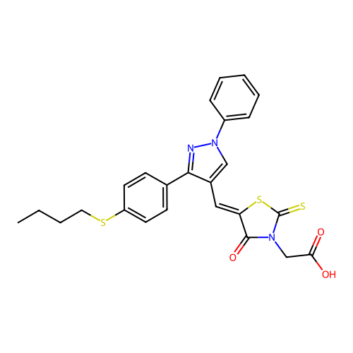 [(5Z)-5-({3-[4-(butylsulfanyl)phenyl]-1-phenyl-1H-pyrazol-4-yl}methylidene)-4-oxo-2-thioxo-1,3-thiazolidin-3-yl]acetic acid structure
