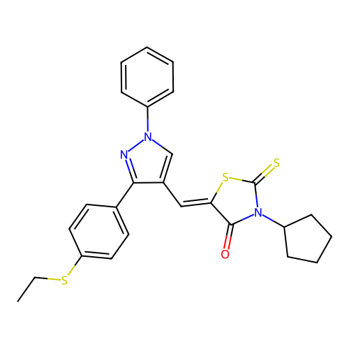 (5Z)-3-cyclopentyl-5-({3-[4-(ethylsulfanyl)phenyl]-1-phenyl-1H-pyrazol-4-yl}methylidene)-2-thioxo-1,3-thiazolidin-4-one structure