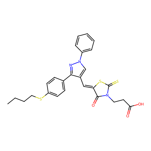 3-[(5Z)-5-({3-[4-(butylsulfanyl)phenyl]-1-phenyl-1H-pyrazol-4-yl}methylidene)-4-oxo-2-thioxo-1,3-thiazolidin-3-yl]propanoic acid structure