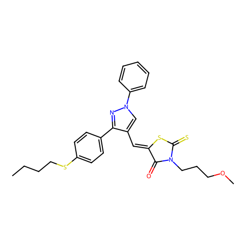 (5Z)-5-({3-[4-(butylsulfanyl)phenyl]-1-phenyl-1H-pyrazol-4-yl}methylidene)-3-(3-methoxypropyl)-2-thioxo-1,3-thiazolidin-4-one structure