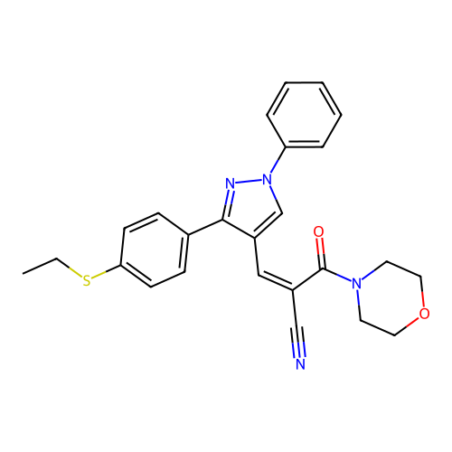 (Z)-3-(3-(4-(ethylthio)phenyl)-1-phenyl-1H-pyrazol-4-yl)-2-(morpholine-4-carbonyl)acrylonitrile structure