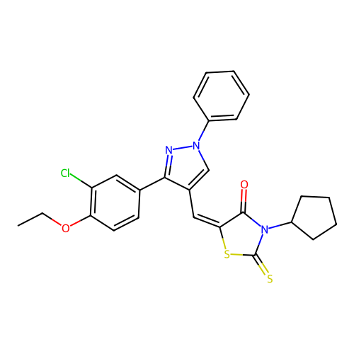 (5E)-5-[[3-(3-chloro-4-ethoxyphenyl)-1-phenylpyrazol-4-yl]methylidene]-3-cyclopentyl-2-sulfanylidene-1,3-thiazolidin-4-one structure