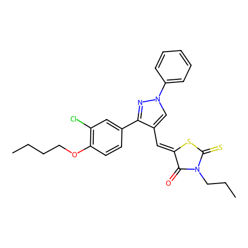 (5Z)-5-{[3-(4-butoxy-3-chlorophenyl)-1-phenyl-1H-pyrazol-4-yl]methylidene}-3-propyl-2-thioxo-1,3-thiazolidin-4-one structure