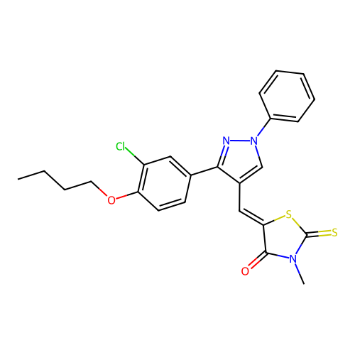 (5Z)-5-{[3-(4-butoxy-3-chlorophenyl)-1-phenyl-1H-pyrazol-4-yl]methylidene}-3-methyl-2-thioxo-1,3-thiazolidin-4-one structure
