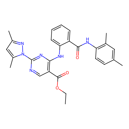 ethyl 2-(3,5-dimethyl-1H-pyrazol-1-yl)-4-((2-((2,4-dimethylphenyl)carbamoyl)phenyl)amino)pyrimidine-5-carboxylate structure